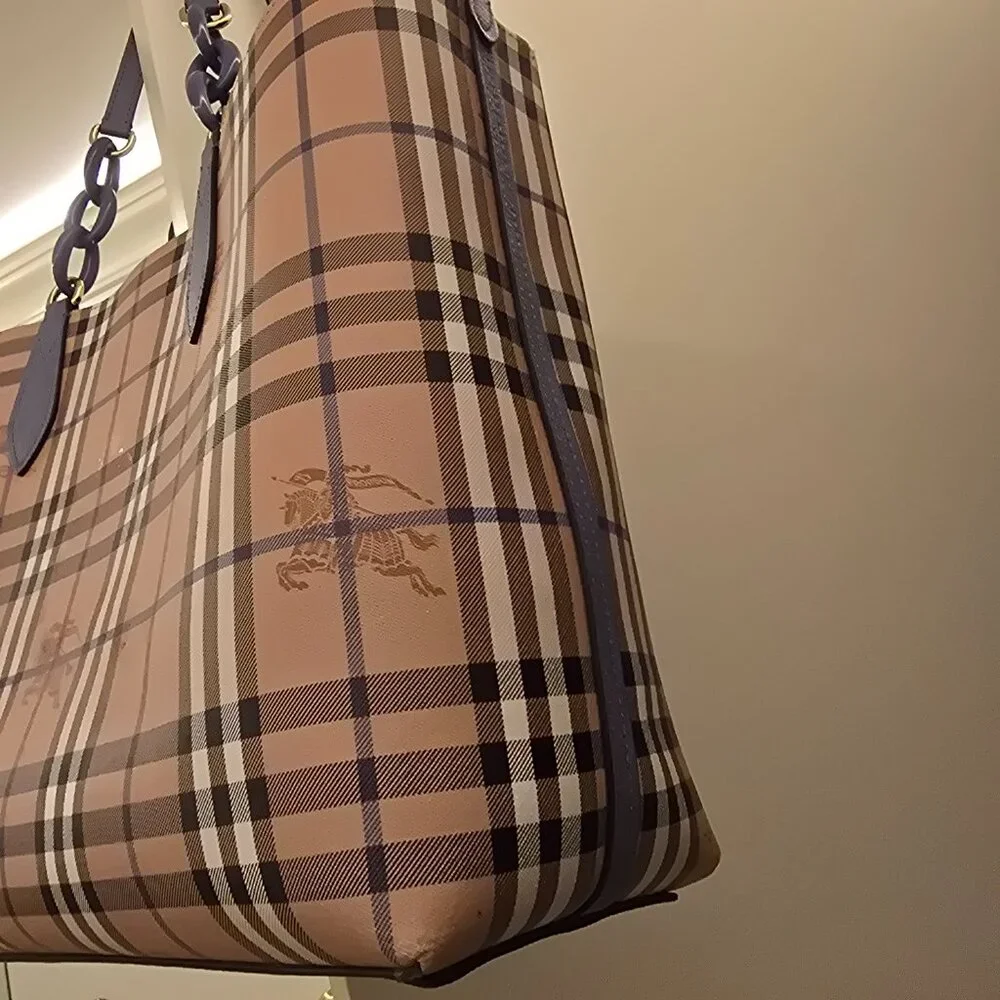 Burberry Medium Reversible Tote Haymarket Check Canvas & Slate Blue Leather